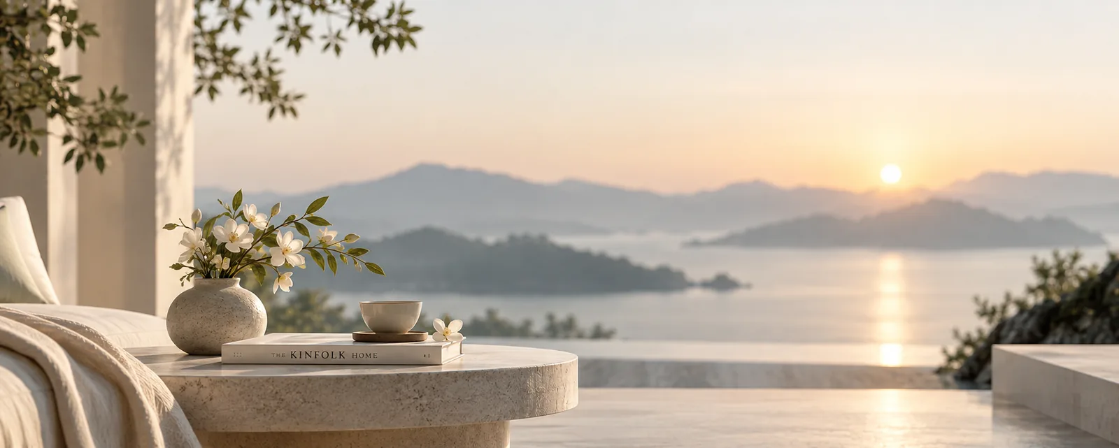宁静克制的户外意境场景：晨昏湖景、花枝、茶杯与留白空间