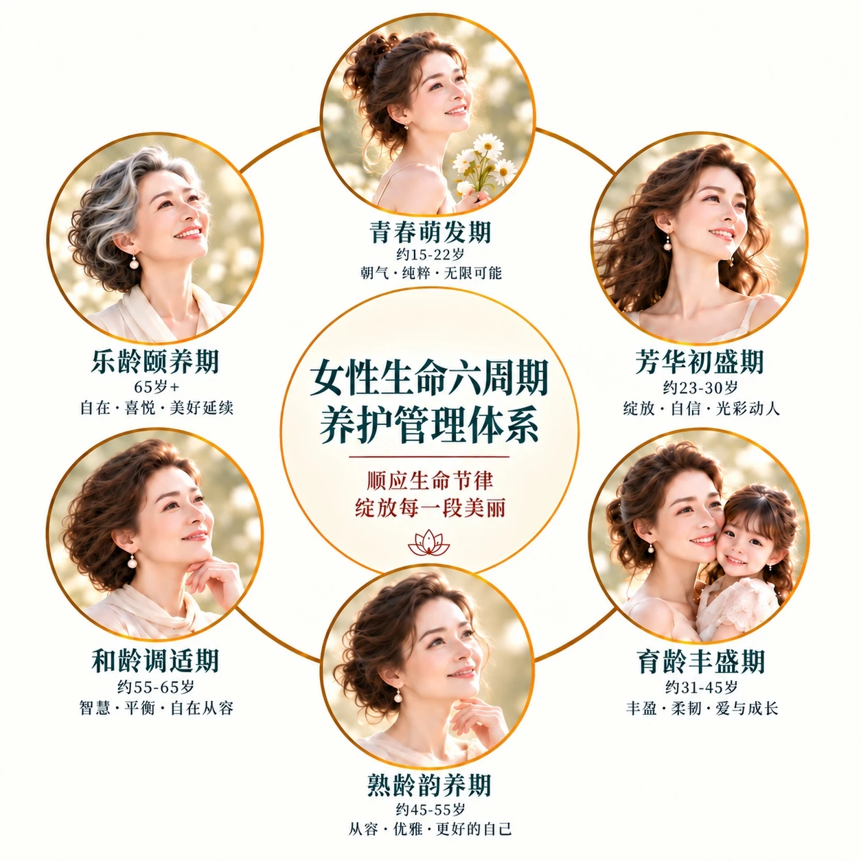 女性生命六周期养护管理体系：青春萌发期、芳华初盛期、育龄丰盛期、熟龄韵养期、和龄调适期、乐龄颐养期